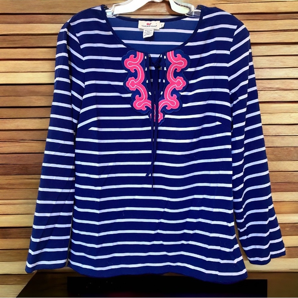 Vineyard Vines Navy White Pink Long Sleeve Blouse